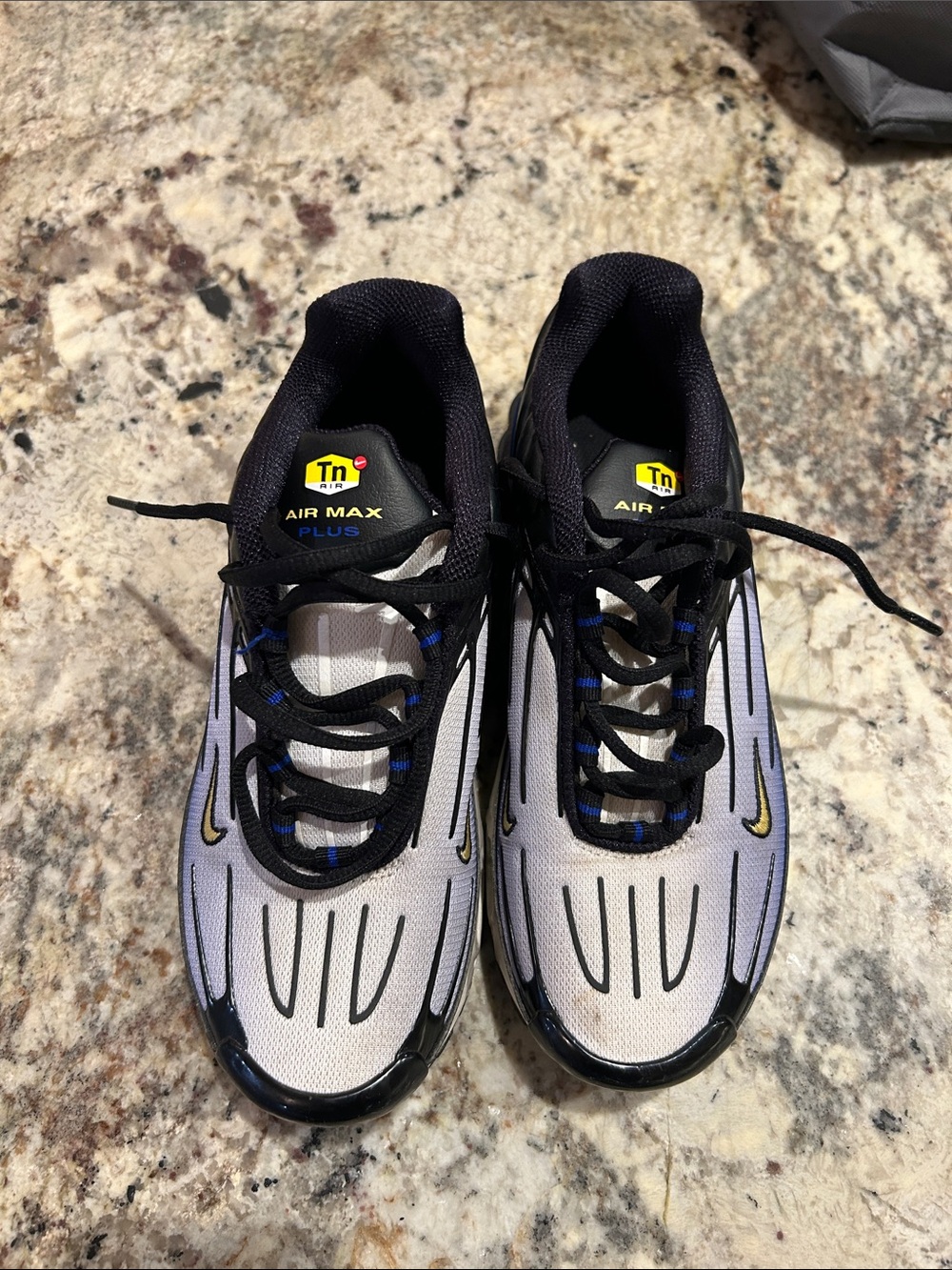 Nike Kids Air Max Plus White, Black & Blue Sneakers with Yellow Accents
